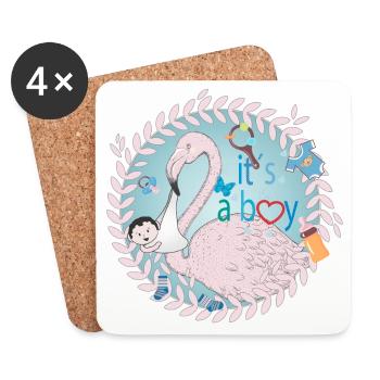Flamingo mit Baby und Baby Utensilien in Blau - Untersetzer (4er-Set) - Weiß - Vorne