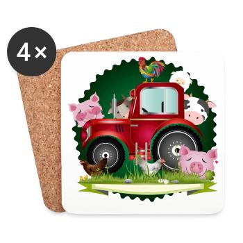 lustige Bauernhof Tiere mit rotem Traktor - Untersetzer (4er-Set) - Weiß - Vorne