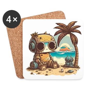 A small robot in a t-shirt relaxes on the beach - Coasters (set of 4) - white - Front