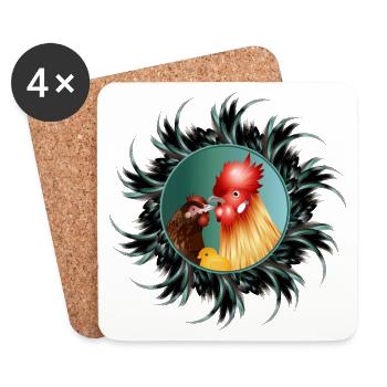 Coq avec poule et poussins dans le cadre de plumes - Dessous de verre (lot de 4) - blanc - Devant