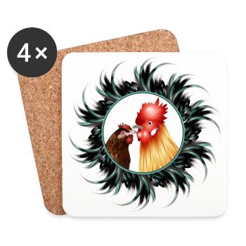 Coq avec poule dans le cadre de plumes - Dessous de verre (lot de 4) - blanc - Devant