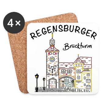 Regensburg, Strichzeichnung Brückturm, Bayern - Untersetzer (4er-Set) - Weiß - Vorne