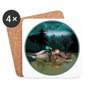 Couple de canards dans l’étang aux canards la nuit et au clair de lune - Dessous de verre (lot de 4) - blanc - Devant