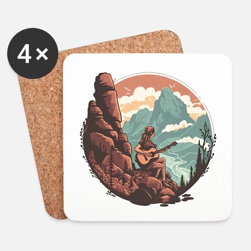 Serene Mountain Guitar Scene - Coasters (set of 4) - white
