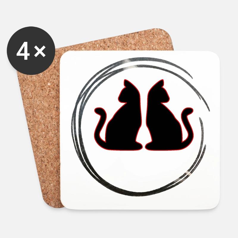 Rot / Schwarze Zwillings Katzen - Untersetzer (4er-Set) - Weiß