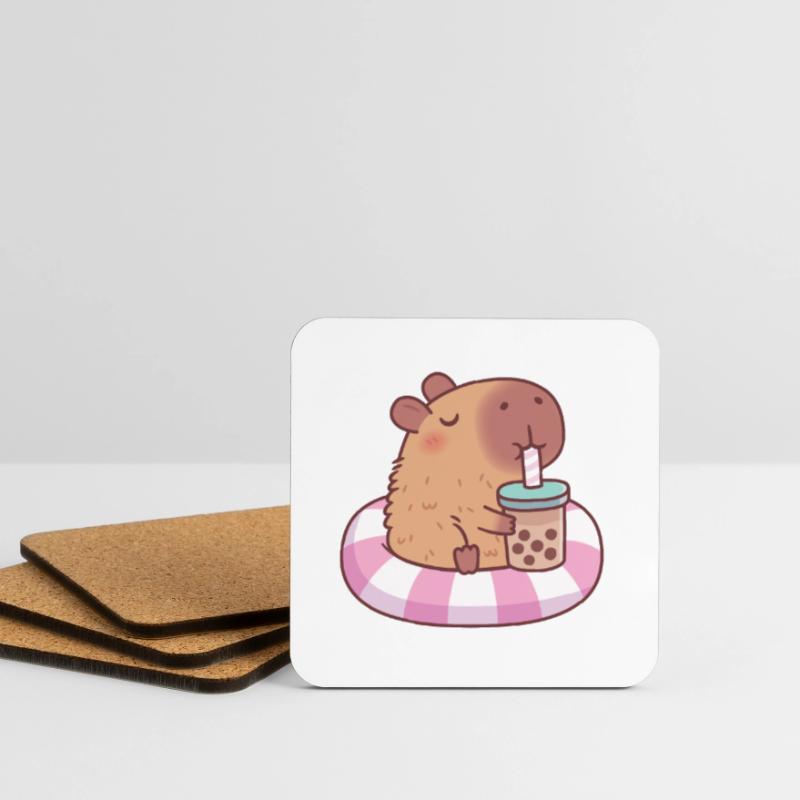 Cute Capybara On Pool Float Drinking Bubble Tea Coasters (set of 4)