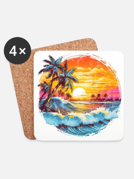 Sonne Sonnenuntergang Meer Palmen Urlaub Sommer - Untersetzer (4er-Set) - Weiß
