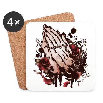 two hands praying with rosary and roses - Coasters (set of 4) - white - Front