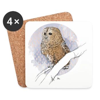 Petit hibou sur motif dans des couleurs pastel - Dessous de verre (lot de 4) - blanc - Devant