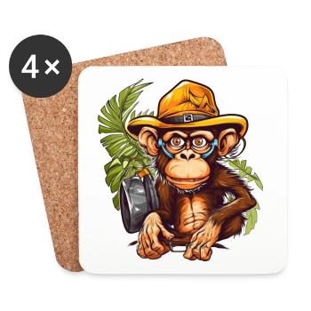Adventure monkey with safari hat and backpack - Coasters (set of 4) - white - Front