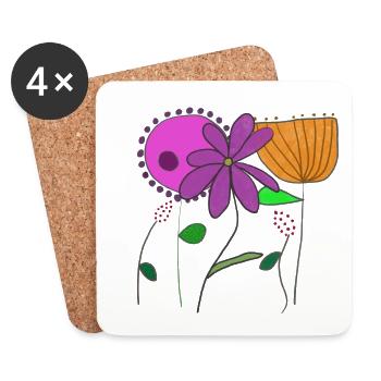 Motifs floraux avec des fleurs et des feuilles colorées - Dessous de verre (lot de 4) - blanc - Devant