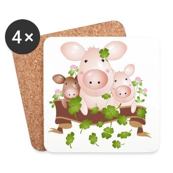 Trois cochons chanceux avec des trèfles à quatre feuilles - Dessous de verre (lot de 4) - blanc - Devant