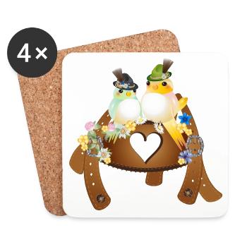 Motif de costume traditionnel amusant - Oiseaux avec chapeau de costumes traditionnels - Dessous de verre (lot de 4) - blanc - Devant