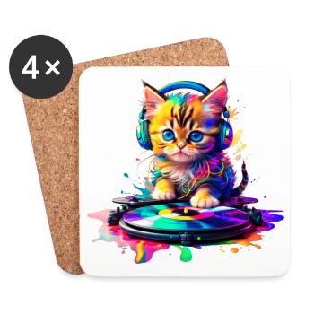 Chaton DJ - Arc-en-ciel 2 - Dessous de verre (lot de 4) - blanc - Devant