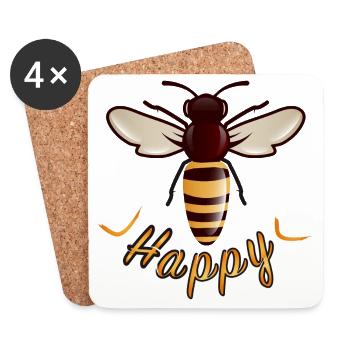 jaune Lettrage heureux avec abeille stylisée - Dessous de verre (lot de 4) - blanc - Devant