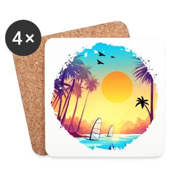 Aquarelle de plage de coucher de soleil d’été - Dessous de verre (lot de 4) - blanc - Devant