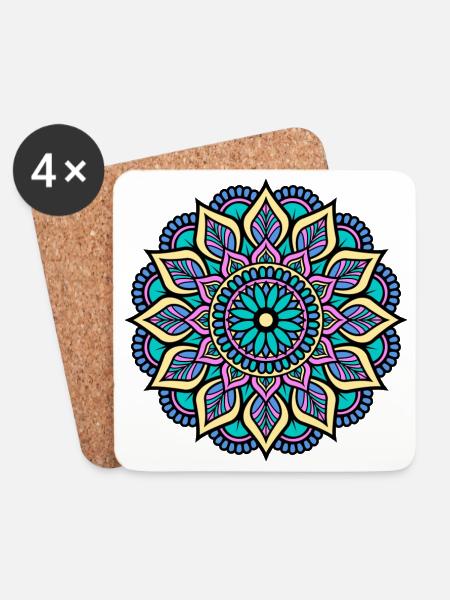 Mandala - Grün Blau Gelb Pink Indisches Mandala - Untersetzer (4er-Set) - Weiß