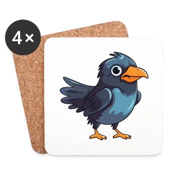 Crow Cartoon Kawaii Watercolor Illustration - Coasters (set of 4) - white - Front