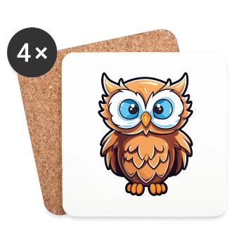 Owl Cartoon Kawaii Watercolor Illustration - Coasters (set of 4) - white - Front