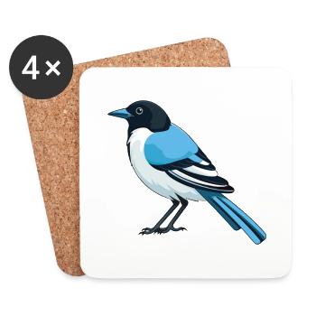 Magpie Cartoon Kawaii Aquarelle Illustration - Dessous de verre (lot de 4) - blanc - Devant