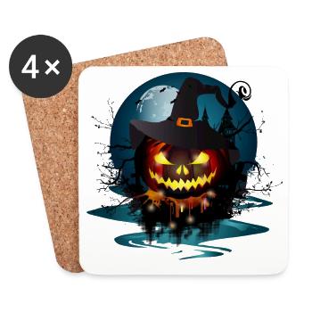 dunkler Halloween Kürbis Mit Hexen Hut & Vollmond - Untersetzer (4er-Set) - Weiß - Vorne