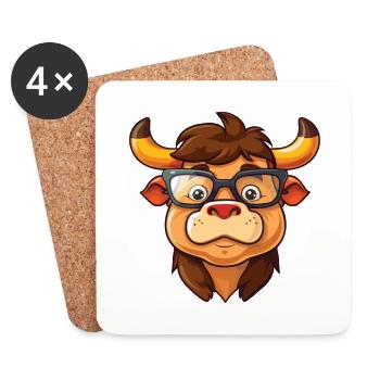Bull Wearing Glasses Cartoon Kawaii Illustration - Coasters (set of 4) - white - Front