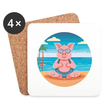 Schwein-Karikatur-Yoga-Strand-Sommer-Illustration - Untersetzer (4er-Set) - Weiß - Vorne