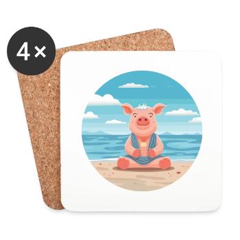 Schwein-Karikatur-Yoga-Strand-Sommer-Illustration - Untersetzer (4er-Set) - Weiß - Vorne