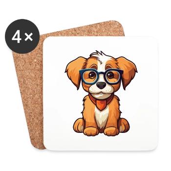 chien portant des lunettes dessin animé Kawaii Illustration - Dessous de verre (lot de 4) - blanc - Devant