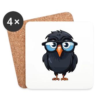 corbeau portant des lunettes dessin animé Kawaii illustration - Dessous de verre (lot de 4) - blanc - Devant