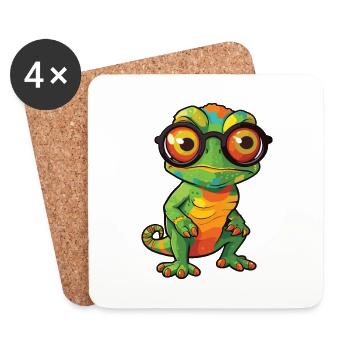Chameleon With Glasses Cartoon Kawaii Illustration - Coasters (set of 4) - white - Front