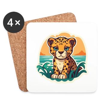 Jaguar Funny Cartoon Kawaii Beach Illustration - Dessous de verre (lot de 4) - blanc - Devant