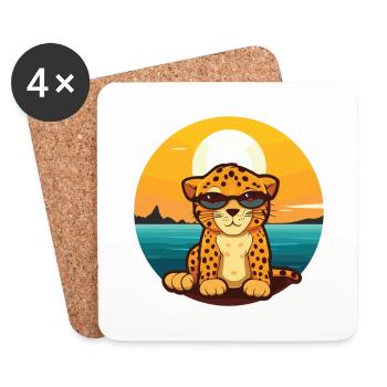 Leopard Lustige Karikatur Kawaii Strand Illustration - Untersetzer (4er-Set) - Weiß - Vorne