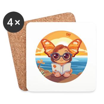 Butterfly Cute Funny Cartoon Kawaii Book Beach - Coasters (set of 4) - white - Front
