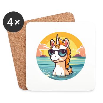 Einhorn Lustige Karikatur Kawaii Strand Illustration - Untersetzer (4er-Set) - Weiß - Vorne