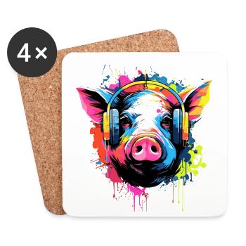 Pig With Headphones Animals Pigs - Coasters (set of 4) - white - Front