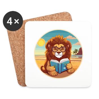 Lion Mignon Drôle Dessin Animé Kawaii Livre Plage - Dessous de verre (lot de 4) - blanc - Devant