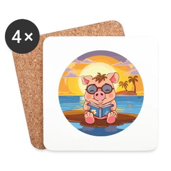 Cochon Mignon Drôle Dessin Animé Kawaii Livre Plage - Dessous de verre (lot de 4) - blanc - Devant