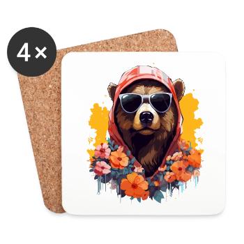 Bear with hoodie and sunglasses with colorful flowers - Coasters (set of 4) - white - Front