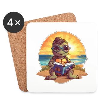 Turtle Cute Funny Cartoon Kawaii Book Beach - Coasters (set of 4) - white - Front