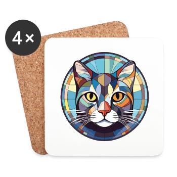 Chat européen à poil court coloré aquarelle dessin animé - Dessous de verre (lot de 4) - blanc - Devant
