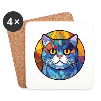British Shorthair Cat Coloré Aquarelle Dessin Animé - Dessous de verre (lot de 4) - blanc - Devant