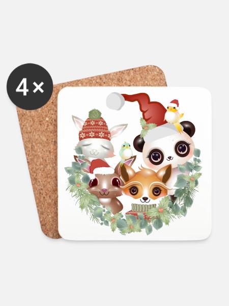 sechs niedliche Tier Freunde feiern Weihnachten - Untersetzer (4er-Set) - Weiß