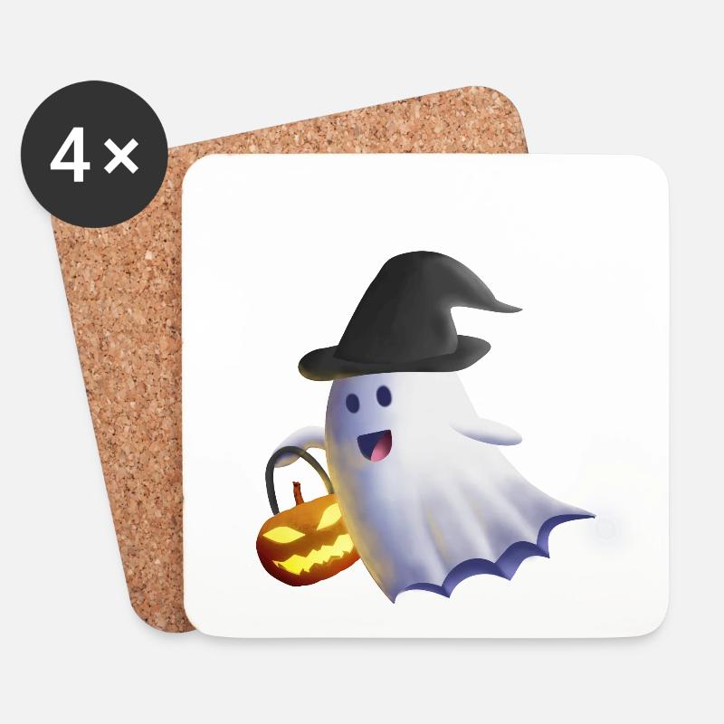Ghost with Witch Hat and Jack-o'-Lantern - Coasters (set of 4) - white