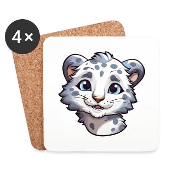 Léopard des neiges bébé chat dessin animé aquarelle Clipart - Dessous de verre (lot de 4) - blanc - Devant