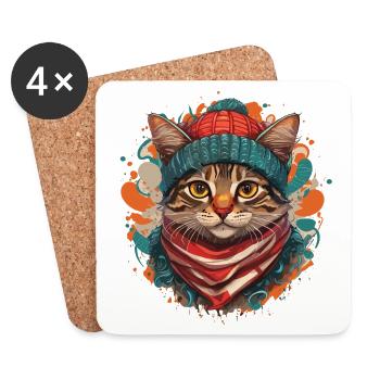 Un chat mignon portant une écharpe épaisse et un chapeau - Dessous de verre (lot de 4) - blanc - Devant