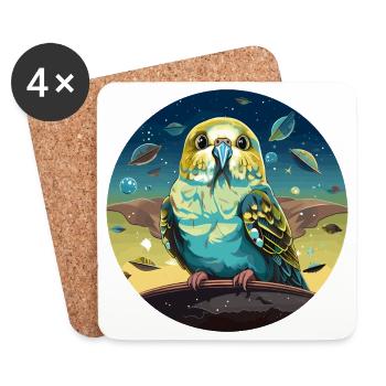 Funny budgie with UFOs in space - Coasters (set of 4) - white - Front