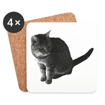 Katze sitzend, schwarz-weiß, tabby Motive - Untersetzer (4er-Set) - Weiß - Vorne