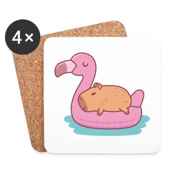 Mignon Capybara se détendre et se détendre sur Flamingo Po - Dessous de verre (lot de 4) - blanc - Devant