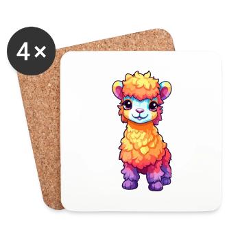 Alpaga Aquarelle Colorée Dessin Animé Kawaii Animal - Dessous de verre (lot de 4) - blanc - Devant